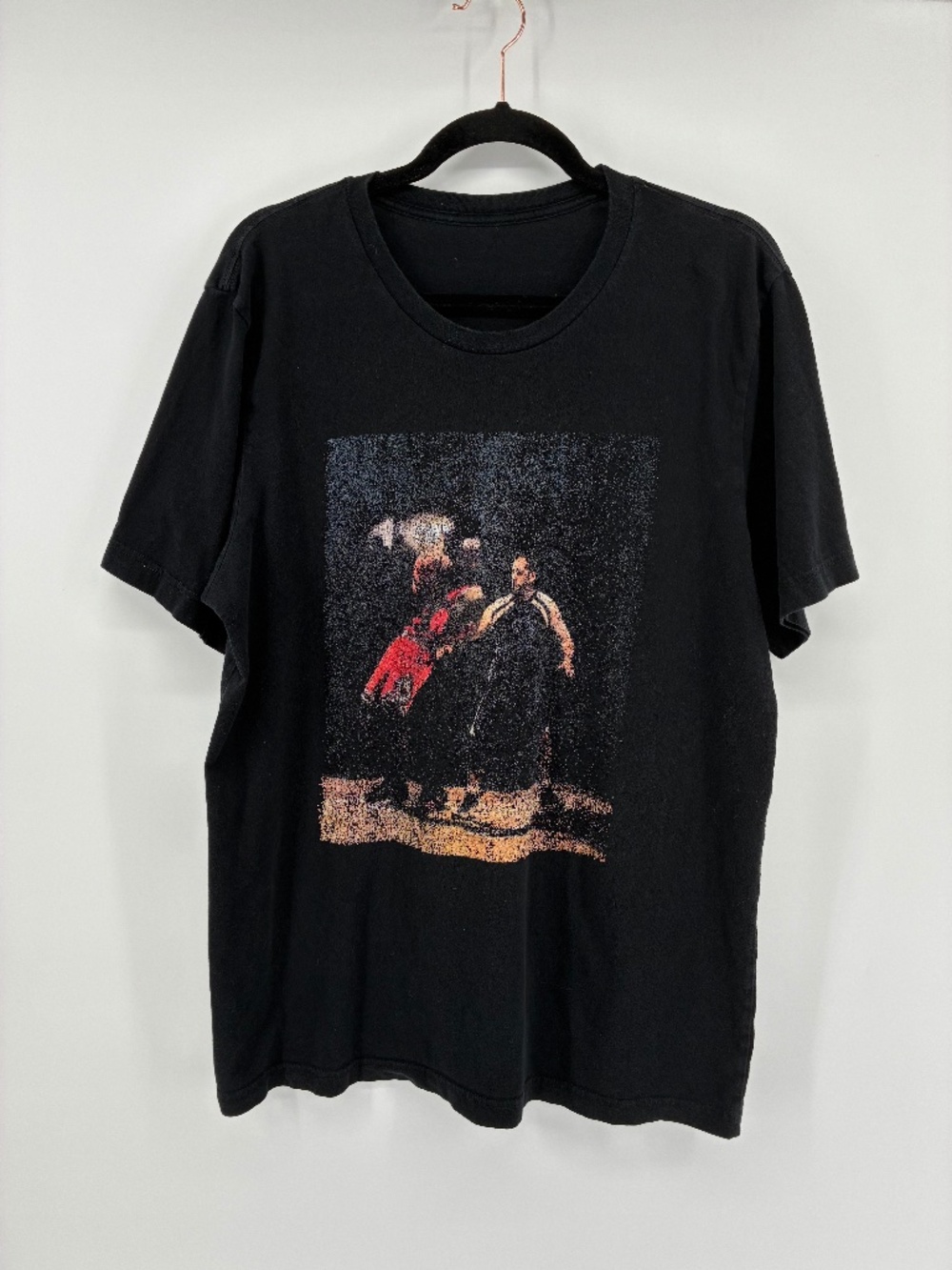 Black Graphic Crewneck T-Shirt with Basketball Vintage Scene